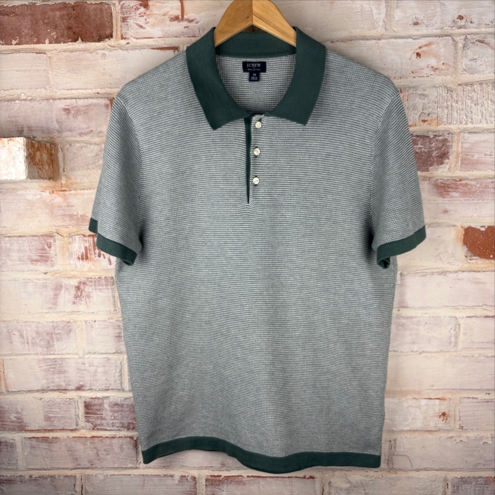 J.Crew Green White Textured Knit Polo Size M 100% Cotton Preppy Ivy League Style